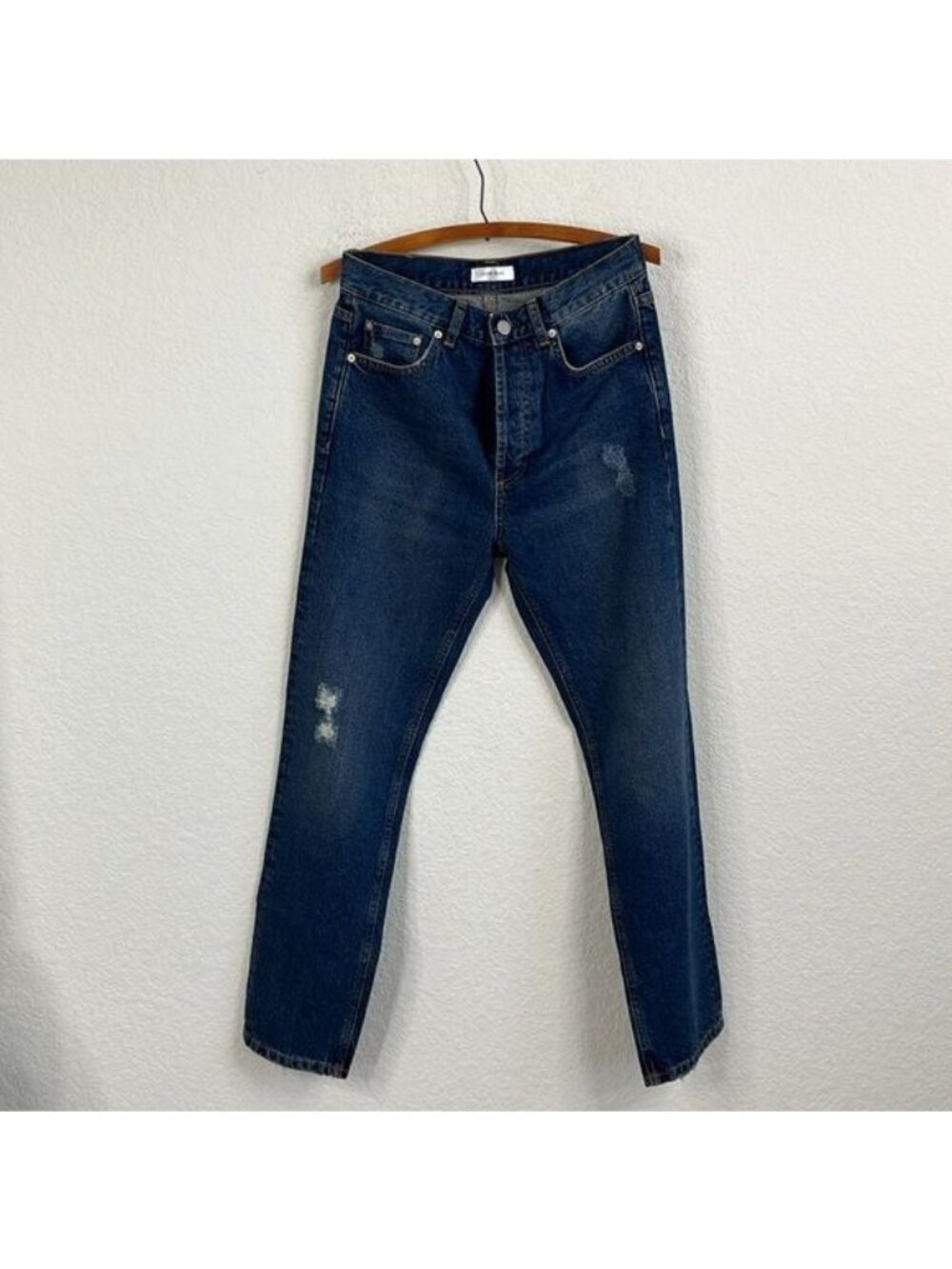 Anine Bing Button Fly Straight Leg Distressed Frayed Denim Jeans